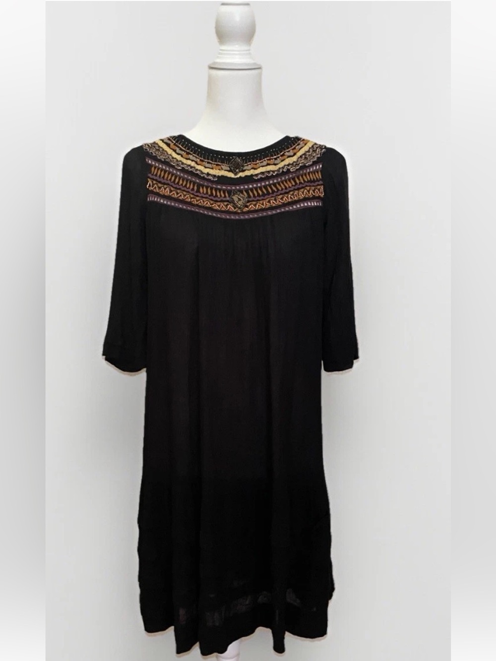 Free People Dress Beaded Embroidered Black Gauze Sz XS Bohemian Light weight